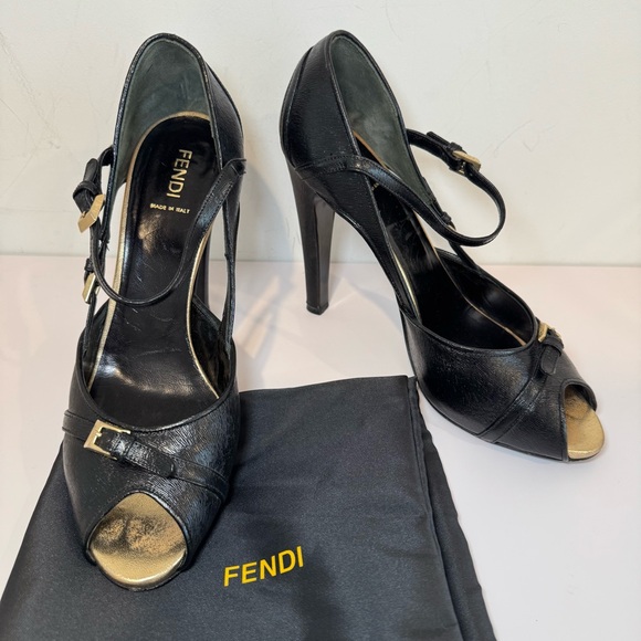 Fendi Shoes - Fendi Black Leather Peep Toe D’Orsay Pumps W Gold Buckle Accents, Size 39